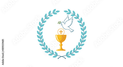 Christian religious symbolism featuring a dove of peace, a chalice, and a communion host encircled by a laurel wreath.