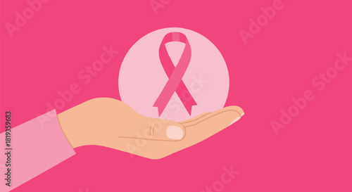 A human hand gently holds a light pink circle containing a darker pink ribbon, symbolizing breast cancer awareness and support.