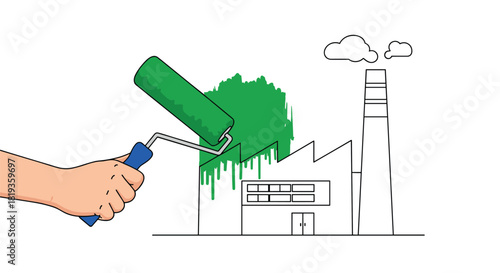 A hand paints an industrial factory green with a roller, illustrating the concept of greenwashing or corporate efforts towards environmental image improvement.