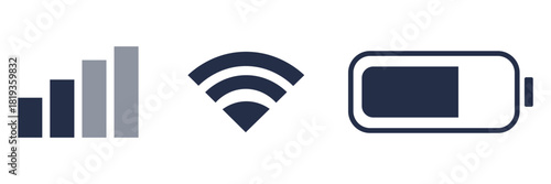 Mobile phone status bar icon set. Phone signal, wi-fi and battery icon. Smartphone status bar phone signal, wi-fi and battery icon for app, ui and web. Vector for mobile phone. 