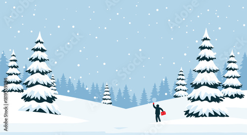 A person walks through a serene, snow-covered winter landscape, waving and holding a red bag amidst falling snowflakes and fir trees.