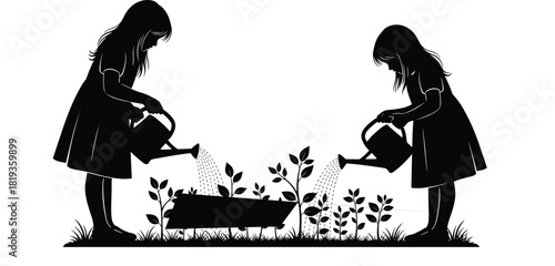 Twin Girls Silhouette Watering Garden Plants Vector Illustration Black and White Graphic Design Element for Gardening Education Nature Nurturing Growth Concept