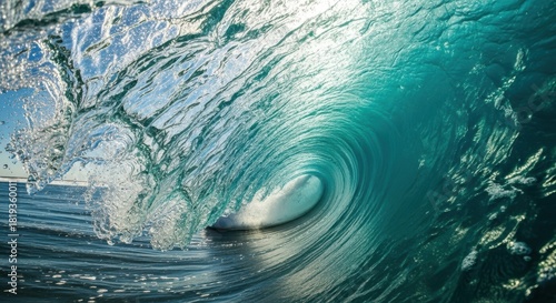Fototapeta Naklejka Na Ścianę i Meble -  View from inside a large blue ocean wave curling over on a sunny day