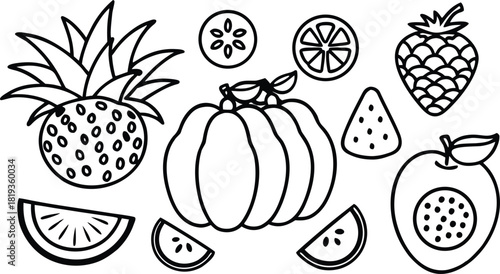Outline drawing of various fresh fruits and vegetables, perfect for a kids' coloring book activity.