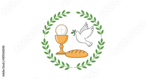 Christian religious symbols featuring a chalice with host, a dove carrying an olive branch, and a loaf of bread, all framed by a laurel wreath.