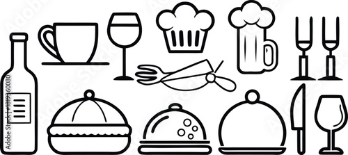 Food and dining icons set with chef hat, bottles, cutlery, dishes, steaming bowl, and pie.