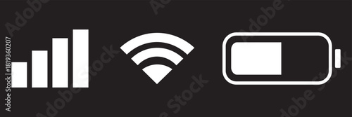 Mobile phone status bar icon set. Phone signal, wi-fi and battery icon. Smartphone status bar phone signal, wi-fi and battery icon for app, ui and web. Vector for mobile phone. 