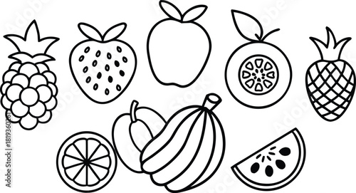Fruit collection outlines for coloring book. apple, strawberry, banana, orange, pineapple, watermelon, raspberry sketches for kids design projects.