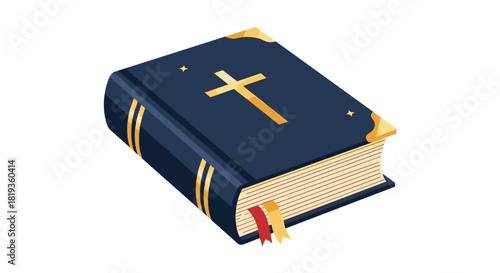 An elegantly designed, dark blue Bible with a golden cross on its cover and golden accents, resting on a white background, featuring red and yellow bookmarks.