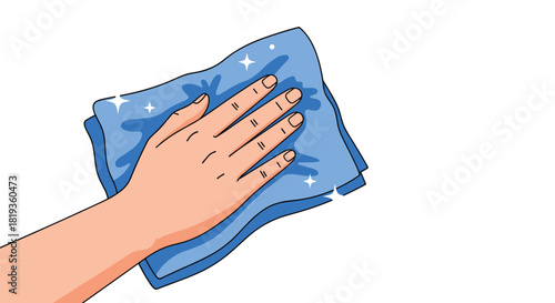 A person's hand, seen from above, holds a blue cleaning cloth and gently wipes a surface, making it sparkle with cleanliness.