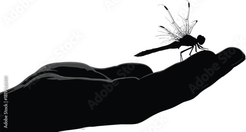 Dragonfly on hand silhouette, delicate interaction, nature moment, black on white, insect wings spread, peaceful gesture, wildlife contact, minimal design, calm scene