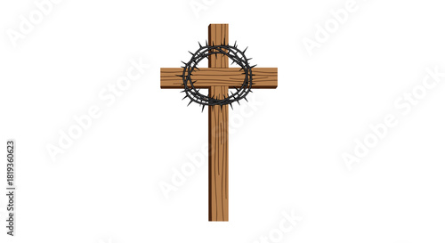 A wooden cross with a crown of thorns, representing the crucifixion of Jesus Christ, sacrifice, redemption, and Christian faith.