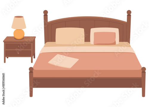 A wooden bed and nightstand are shown with a lamp.