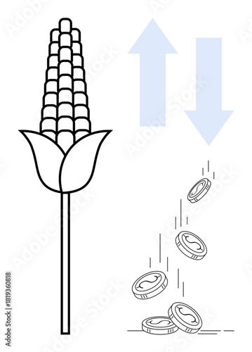 Corn stalk paired with upward and downward arrows and coins suggesting economic trends, agricultural profit and loss, and market dynamics. Ideal for economy, agribusiness, trade, finance