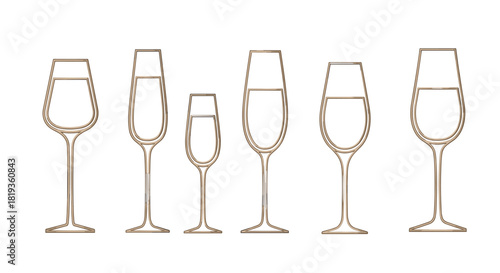 A minimalist illustration featuring six different styles of golden outline champagne and wine glasses, each partially filled with liquid, on a clean white background.