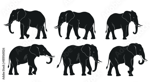 A collection of black African elephant silhouettes in various walking poses, offering a graceful and versatile illustration.