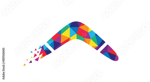 Abstract multi-colored polygonal boomerang breaking into fragments, isolated on a clean white background.