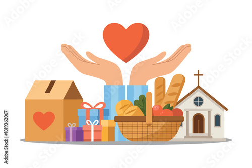 Hands holding a heart above a collection of donations for a church.