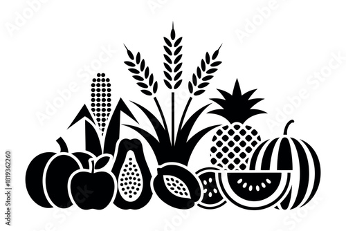 A selection of fruits and vegetables arranged together in an illustration.