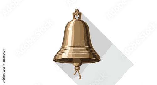 A vintage-style golden bell with a rope and clapper casts a long shadow, representing calls, alarms, and celebrations.
