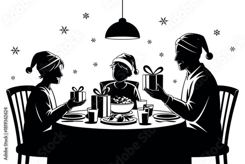A family celebrates Christmas dinner and exchanges gifts around a table.