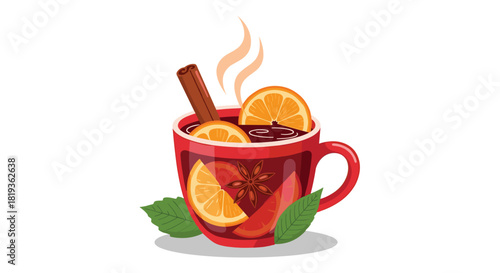 A festive red mug of warm mulled wine, garnished with fresh orange slices, a cinnamon stick, star anise, and mint leaves, with steam rising.