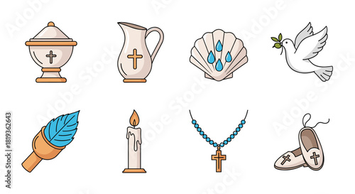 A collection of Christian religious symbols, including elements for baptism, communion, and general faith, depicted as colorful icons.