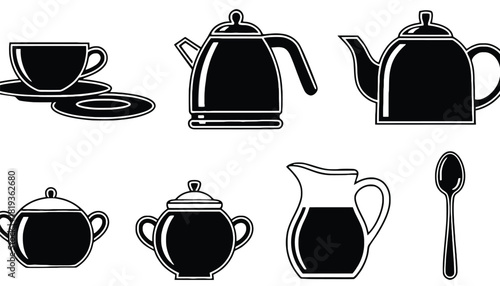 Vector graphic of tea set collection black and white outline