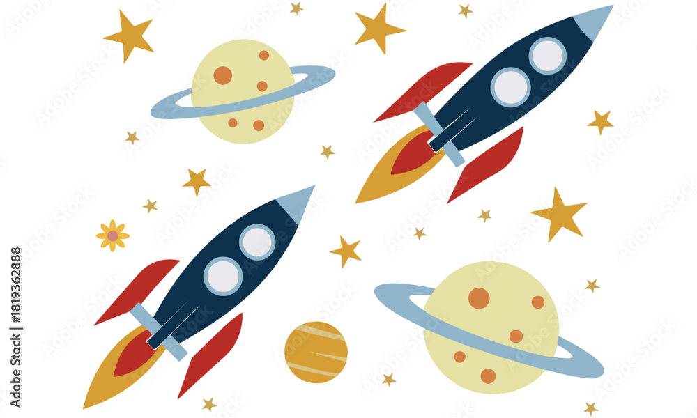Fototapeta premium Adorable rocket and planet clipart set featuring colorful spaceships, stars, and planets — perfect for kids’ art, crafting projects, nursery decor, and digital space-themed designs.