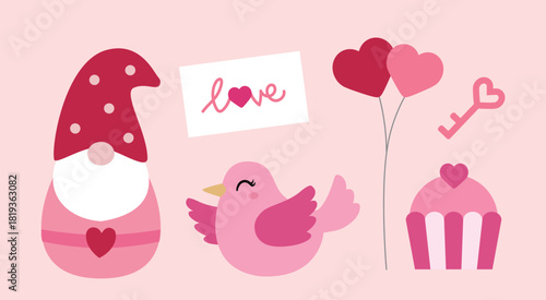 Set of Valentine's Day elements flat vector illustration.
Includes cute pink gnomes,  lovebirds, keys, heart-shaped balloons, the word "love" and cupcakes.
