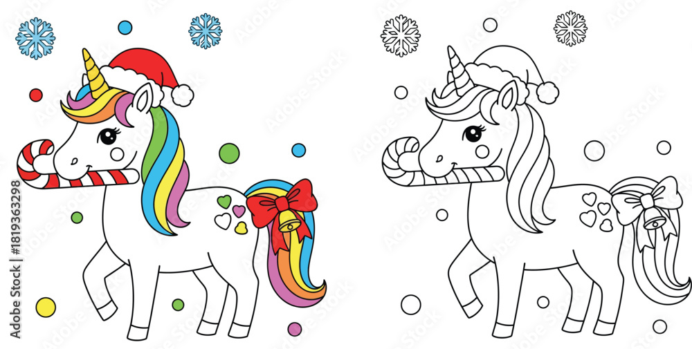 Fototapeta premium Christmas coloring page of cute cartoon unicorn wearing Santa hat and holding candy cane in mouth, vector illustration with color and black and white outline versions for children activity