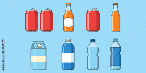 Beverage packaging illustration with cans, bottles, cartons, drink containers variety, product design clipart set, flat vector illustration