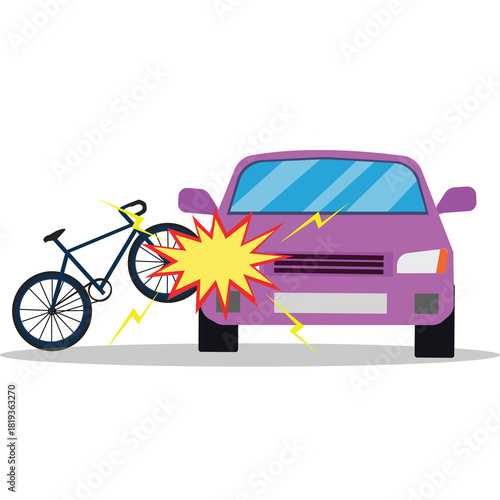 Purple Car Collides With Bicycle on White Background in Cartoon Style with Yellow Impact Splash and Lightning Bolt Details