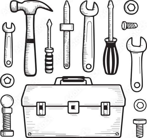 A black and white sketch of a toolbox surrounded by various hand tools and fasteners