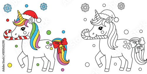 Christmas coloring page of cute cartoon unicorn wearing Santa hat and holding candy cane in mouth, vector illustration with color and black and white outline versions for children activity