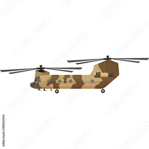 Pixel Art Military Transport Helicopter Camouflaged Desert Tan Brown and Black with Twin Rotors and Tail Rotor Isolated on White Background