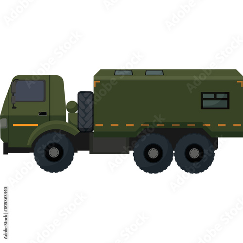 Pixel Art Military Truck With Six Wheels And Storage Compartment In Olive Green Colors Isolated On Transparent Background