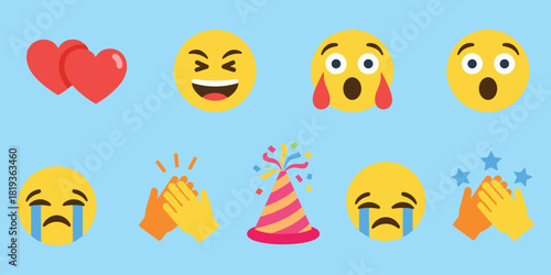 Colorful emoji grid with expressive faces, joyful reactions, digital emotion symbols, fun communication icons, cheerful clipart set, flat vector illustration