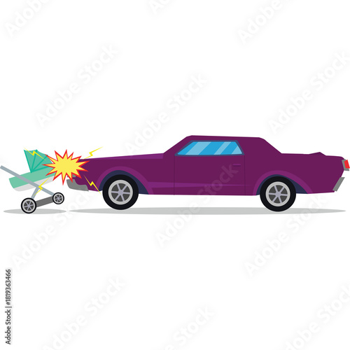 Pixel Art Purple Vintage Car Impacting a Teal Baby Stroller with Yellow Starburst Collision Effect Against a White Background