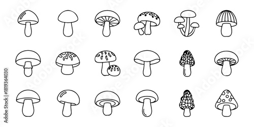 Collection of Hand-Drawn Mushroom Icons in Various Styles and Shapes