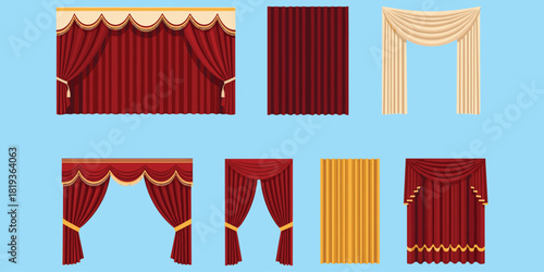 Curtain design collection, red drapes, gold accents, home decor, stage curtain styles, interior inspiration, flat vector illustration