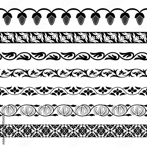 Set of black and white seamless floral borders, horizontal brushes. Indian art legacy. Indian, Arabic, Middle East classic style. Suzani style. 