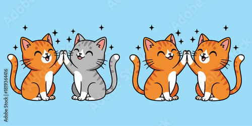 Happy cartoon cats giving high five, cheerful feline friendship, cute tabby illustration, playful pet moment, joyful animal interaction, flat vector illustration