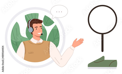 Customer support representative wearing headset, gesturing while speaking with a client. Large magnifying glass and file folder nearby. Ideal for service, outreach, communication, clarity, inquiry