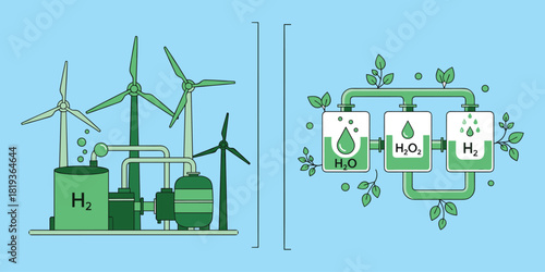 Hydrogen production, wind energy, green technology, renewable power, chemical process, eco-friendly fuel, sustainable energy system, flat vector illustration