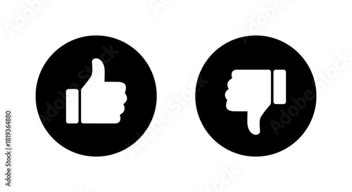 Thumbs up and down icon in black circle. Like and dislike gesture symbol. Positive and negative feedback sign