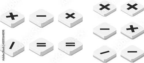 Math symbol buttons, arithmetic icons, calculator keys, black symbols, white squares, educational design, digital interface, flat vector illustration