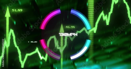 Waveform peaking, gauge rotating, arcs filling, MPH readout climbing then dropping, showing spikes