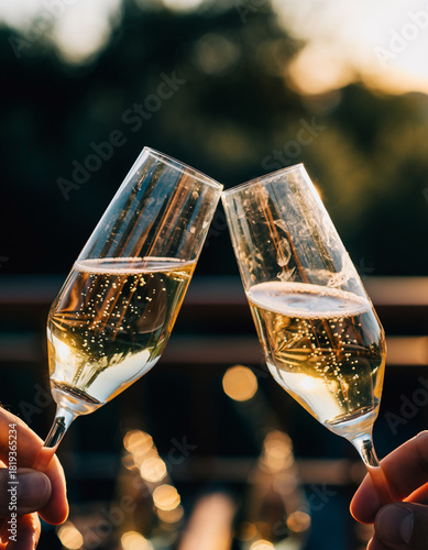dos copas de champán chocando suavemente entre sí, con burbujas doradas y luces desenfocadas al fondo que crean un ambiente festivo.