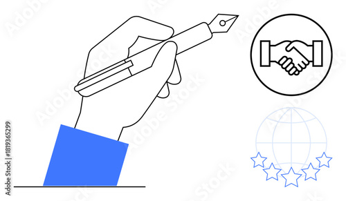 Business concept. Business handshake and global rating icons professionalism and quality. Business idea includes partnerships, agreements, excellence, and international standards for professional